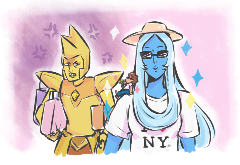 Steven and his moms travel on a vacation trip to NY I imagine that Blue and Steven are the super Extra™ kind of tourists and Yellow has to put up with it all