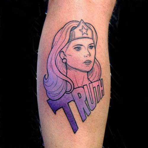 By Gennaro Varriale, done at Area Industriale Tattoo, Lovere.... feminist;comic;calf;fictional character;truth;languages;contemporary;cartoon;facebook;wonder woman;twitter;english;pop art;medium size;english word;word;other;gennarovarriale