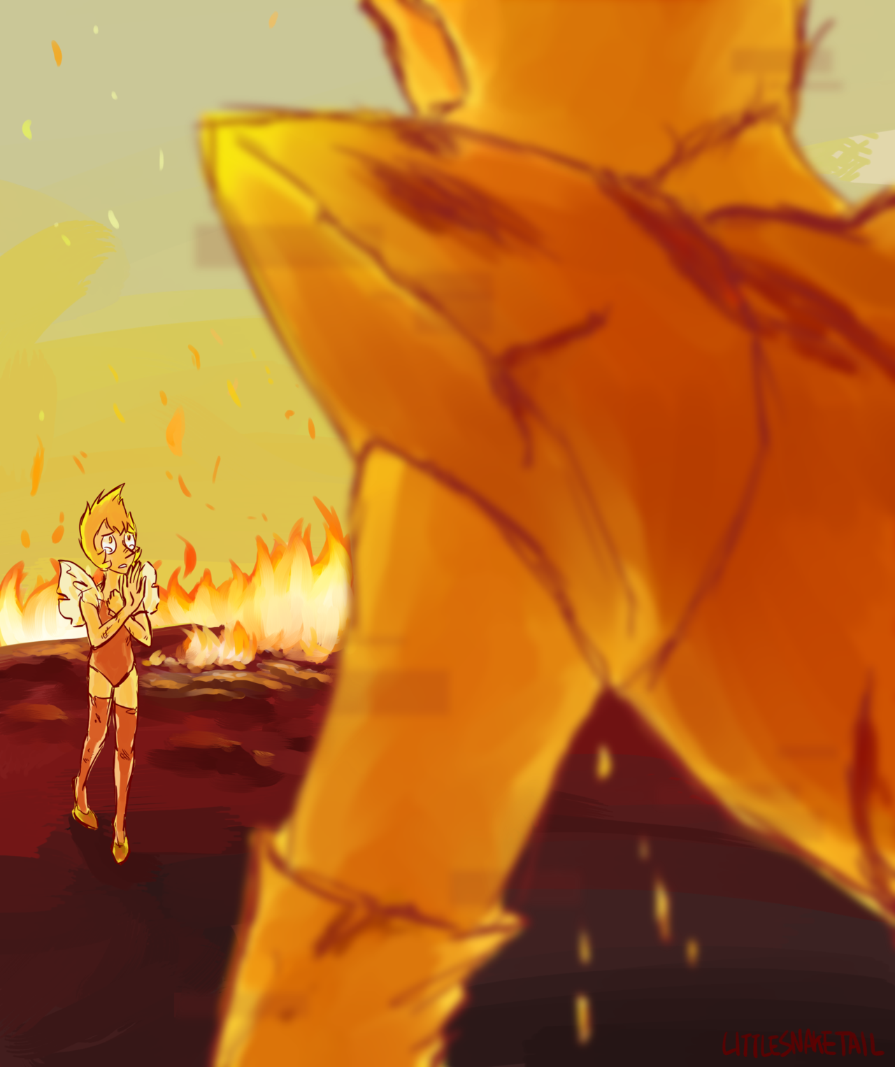 “You did what you could.” — More color scheme/background practice (At first, I painted the edges of the flames as white-ish and the cores as red… It was a while before I realized something looked...