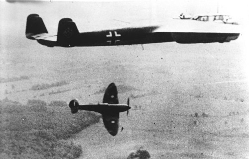 A German Dornier Do 17 medium bomber is attacked by a...