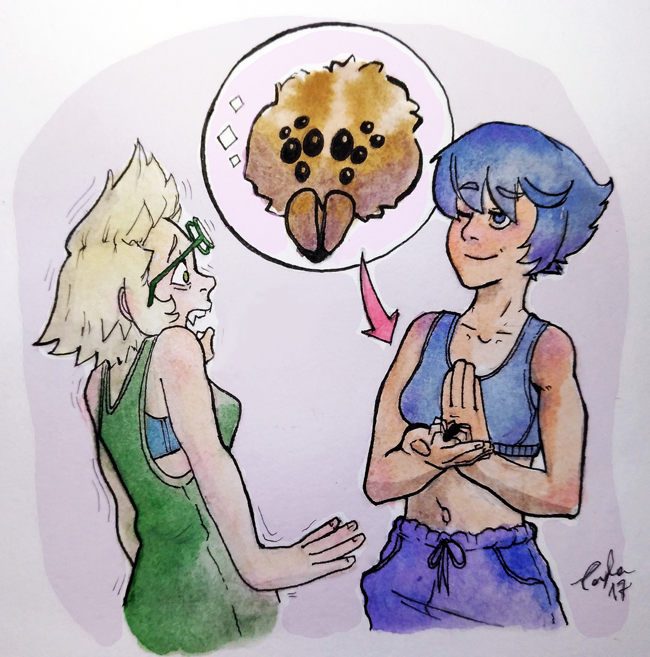 inktober 1/31. No tag for this one, just some cute human Lapidot. Based on the beautiful and cute Arachnophobia fanfic from @good-jorb-steven! (seriously go read it, it’s very funny)