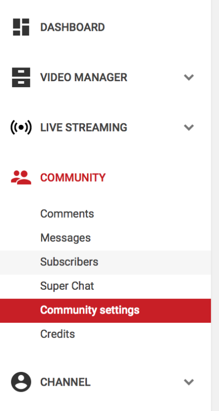 YouTube Menu with Community settings highlighted