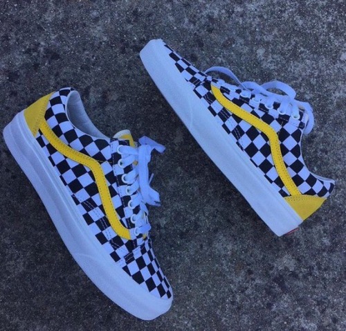 white checkered vans with yellow line 