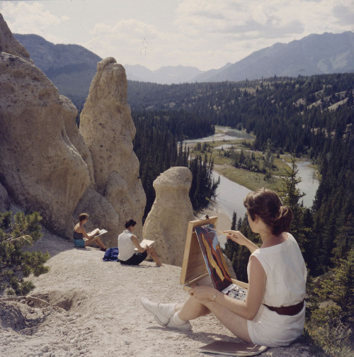 yesterdaysprint - Students paint the scenery, Banff national...