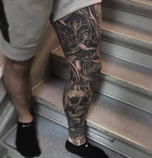 By Ruben Jordan Langsted, done at Miks Tattoo, Copenhagen.... black and grey;leg sleeve;skull;anatomy;human skull;big;ruben;facebook;twitter;religious;angel;mythology