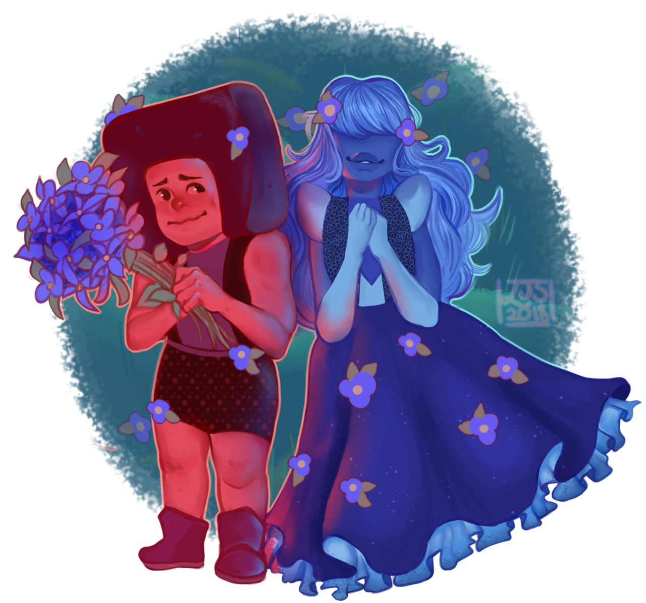 Pride month illustration series: Day 2- Theme: Red and Blue. Got to love the wonderful contrasting relationships between these two cartoon couples: Ruby and Sapphire from Steven Universe and Cherry...