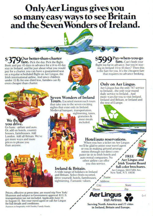 goshyesvintageads:Aer Lingus Irish Airlines, 1978