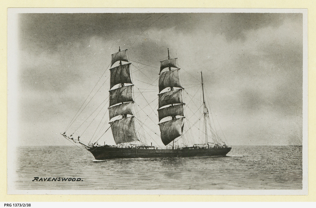 The iron barque ‘Ravenswood’, 1123 tons, under partial sail. She was an iron barque. About 1880.