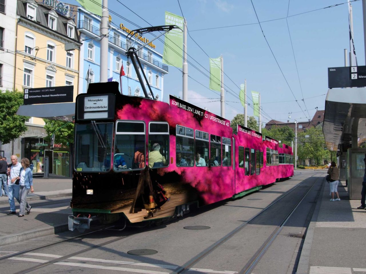 ￼CHOKRA’s work featured at Scope Art Basel 2014 on a 20 foot tram connecting Messeplatz and Claraplatzbase in Basel, Switzerland © CHOKRA