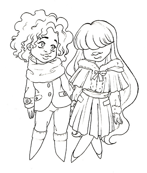 Ruby and Sapphire in winter style, because I love winter and winter clothes. I was going to colour this but lost my interest halfway through. Feel free to colour it yourself if you want to!