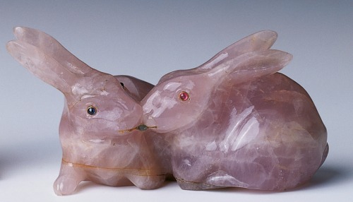 lordansketil - Two Cartier rabbits, rose quartz, eyes inset...