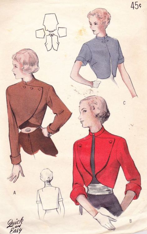 shewhoworshipscarlin - Bolero sewing pattern, 1950s.