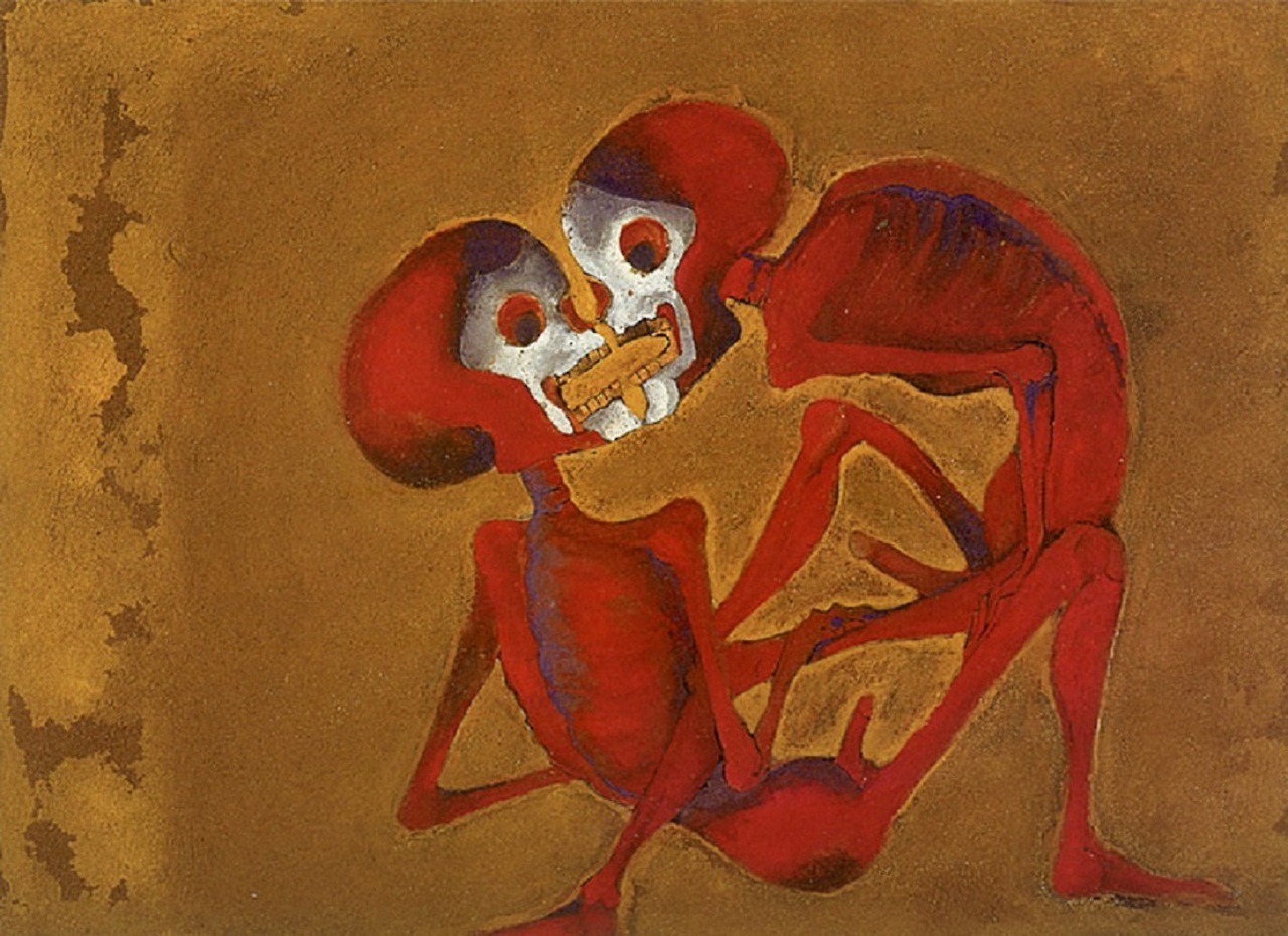 thunderstruck9: “ Francisco Toledo (Mexican, b. 1940), Dos muertes rojas [Two Red Skeletons], 1994. Gouache on paper, 38 x 38 cm. ”