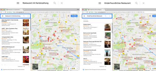 Screenshots von zwei Google Suchanfragen nach Kinderfreundliches Restaurant und Restaurant mit Kartenzahlung