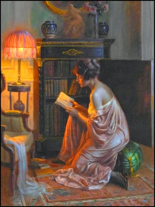 Delphin Enjolras - Woman Reading by Lamplight - via