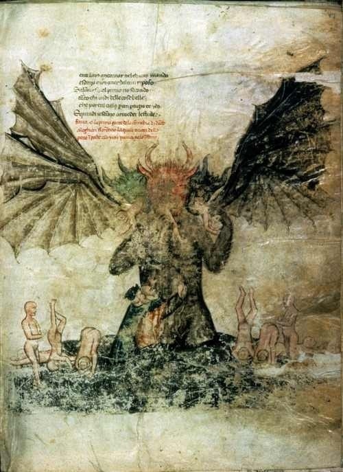Divina Commedia Dante and Virgil climb down on Lucifer,
Dante Alighieri
  c 1380 to 1385