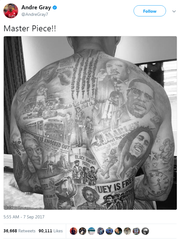cartnsncreal - Andre Gray reveals stunning tattoo tribute to...