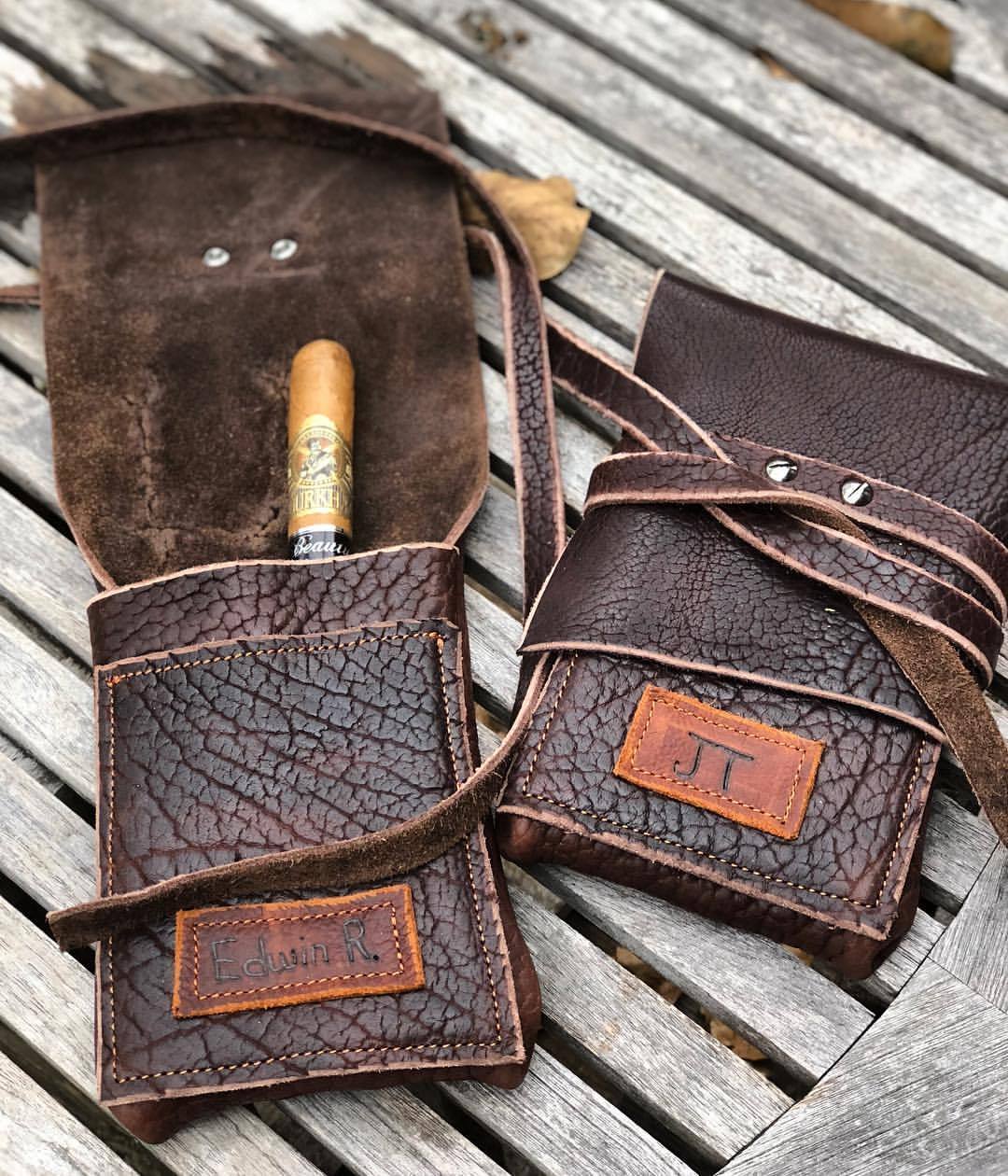 Custom heat branded American bison leather cigar carriers 🔥💨. Thick #originaldesign carriers to protect your sticks in #ruggedluxury style. See why these unique heirloom quality carriers are shipping all over the world! #madeinusa #veteranmade...