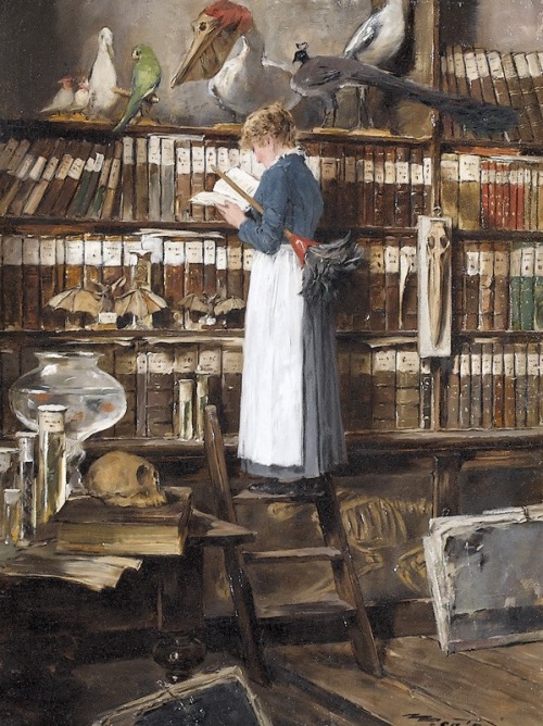  Edouard John Mentha (1858-1915). Reading maid in a library,...