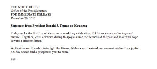 Pres. Trump on the first day of Kwanzaa - “Together, let...