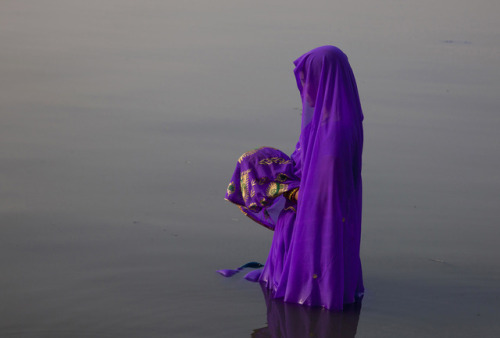 fotojournalismus - A Hindu devotee prays to the sun god as she...