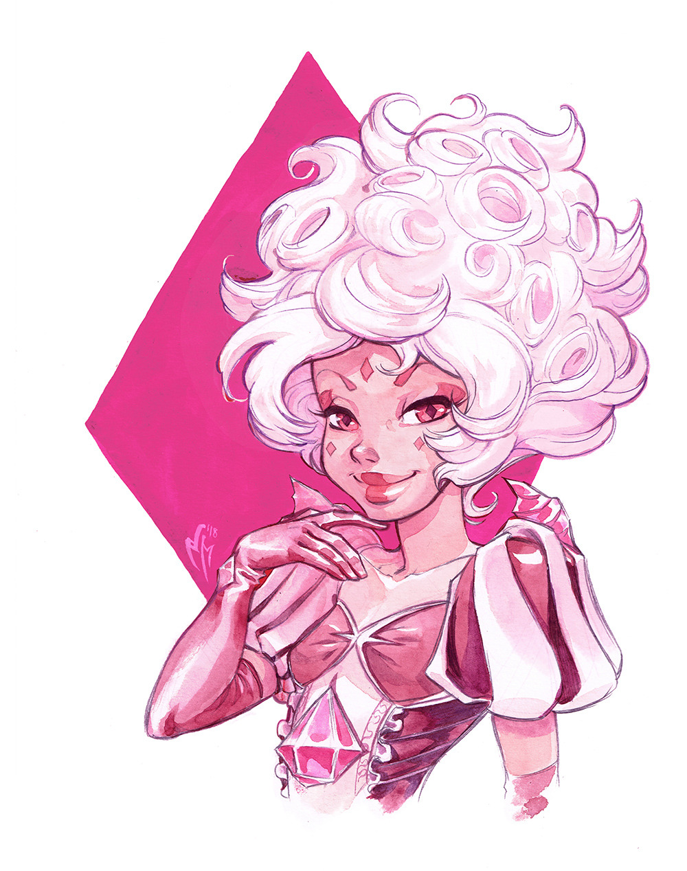 One more of my series of fanarts of the Diamonds from Steven Universe! After Yellow and Blue… Here comes Pink Diamond! Having a lot of fun imagining how their designs would translate to my style :D
