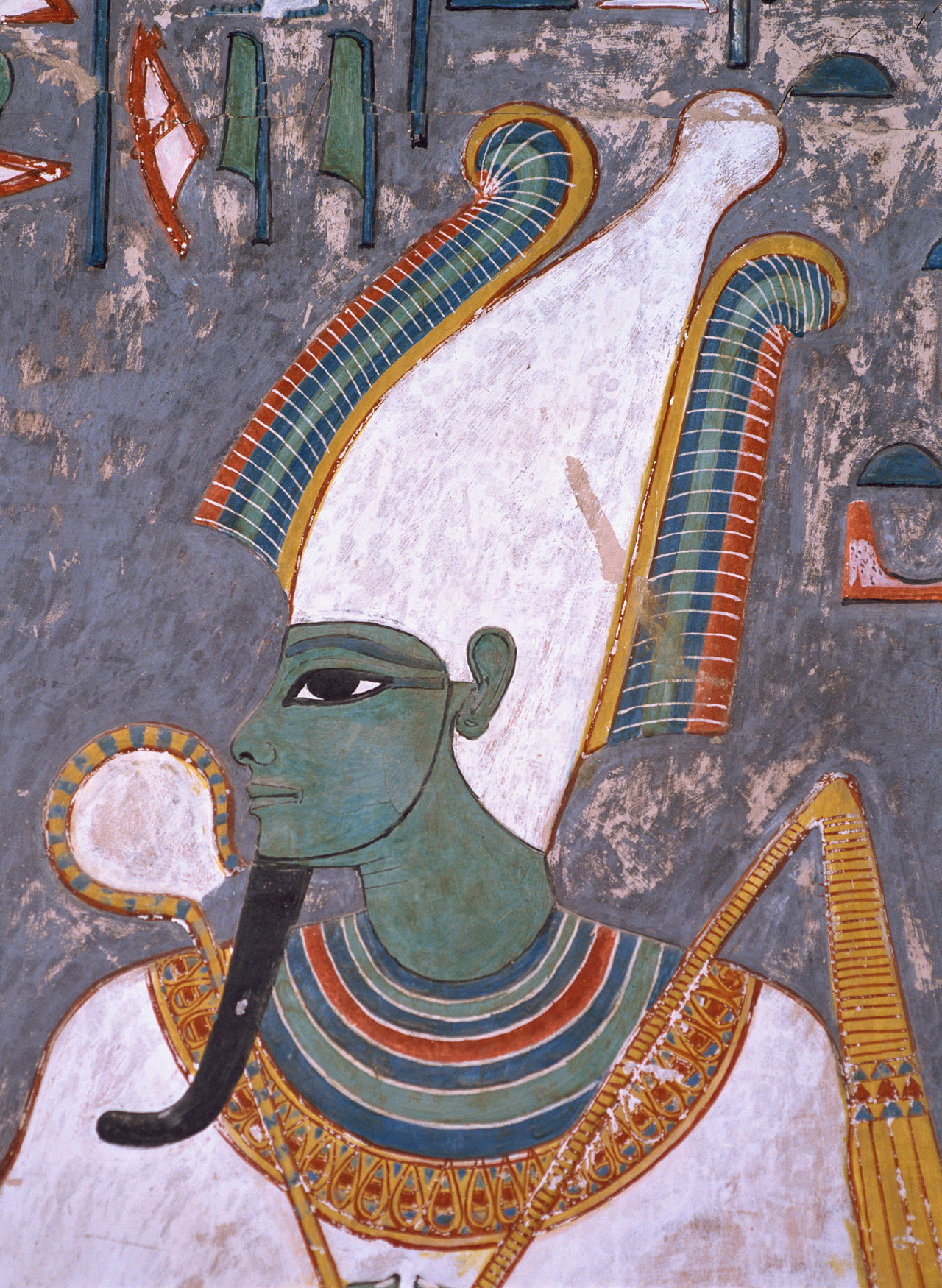 grandegyptianmuseum:
“Osiris, god of the afterlife, the underworld, and the dead. Detail of a wall painting from the Tomb of Horemheb (KV57). New Kingdom, 18th Dynasty, ca. 1306-1292 BC. Valley of the Kings, West Thebes.
”