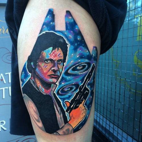 By Andrew Marsh · Little Andy, done at Church Yard Tattoo... harrison ford;contemporary;united states of america;character;travel;thigh;star wars;facebook;star wars characters;twitter;experimental;littleandy;han solo;other;film and book;spacecraft;psychedelic;fictional character;patriotic;big;millennium falcon