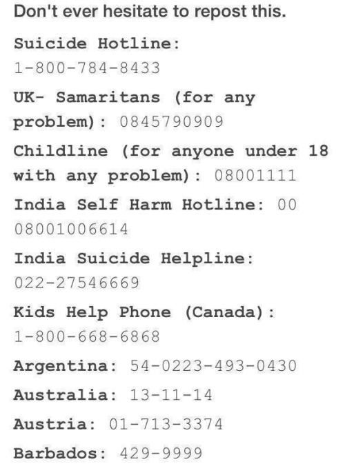 kimdaily:above is a list of suicide hotlines from around the...