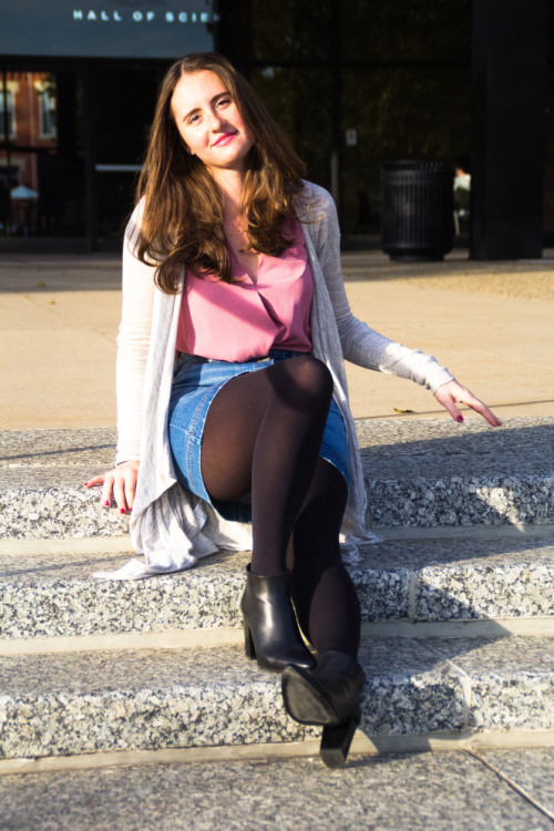 Black opaque pantyhose with denim skirt and pink blouse