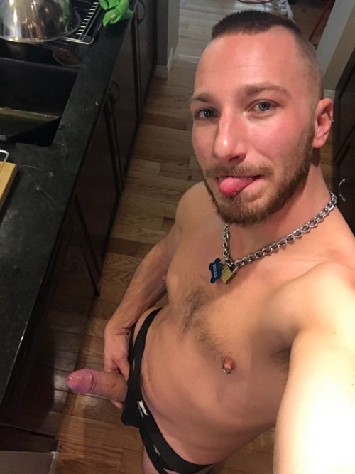 Pup is naked in the kitchen