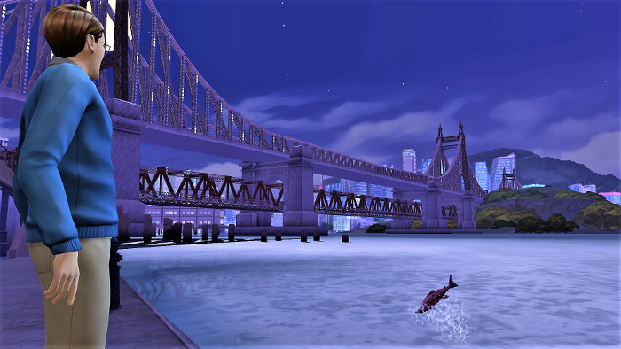 Seth standing on the dock, looking out towards the city. There are skyscrapers shining in the distance, and a bridge over the water between him and the skyscrapers. A salmon is leaping out of the water.