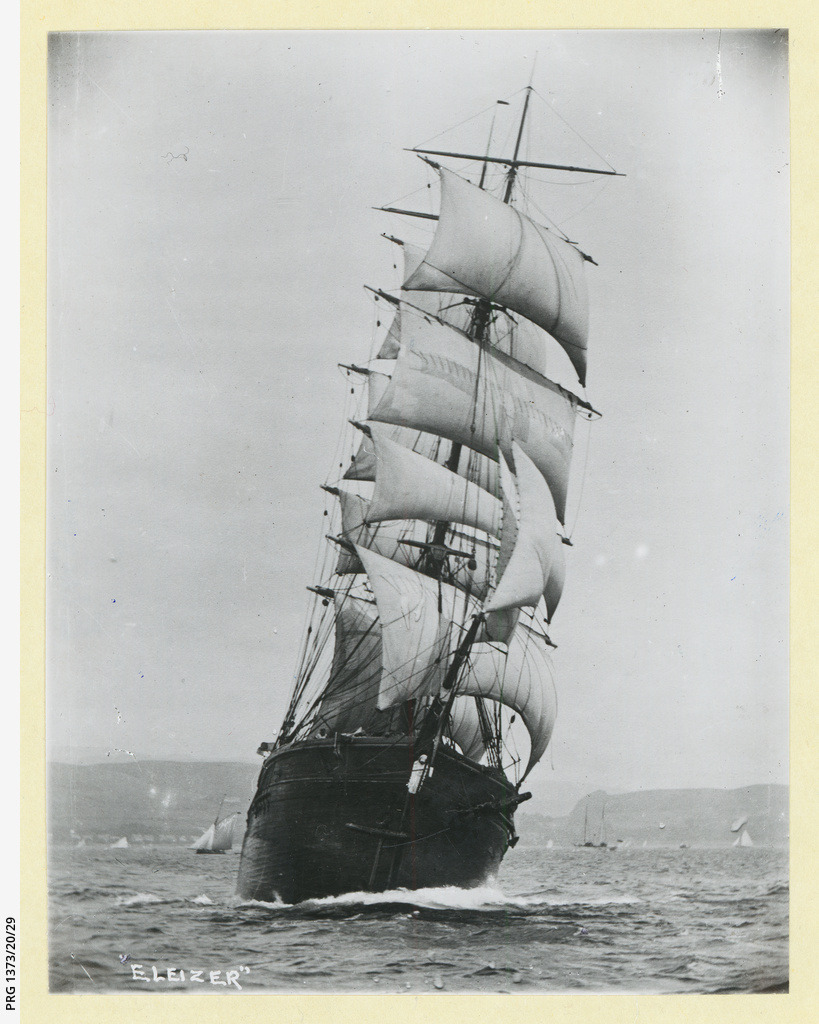 sailing fast and free
The wooden barque ‘Eleizer’, 876 tons, under sail. A wooden 3 masted barque photographed abt 1895