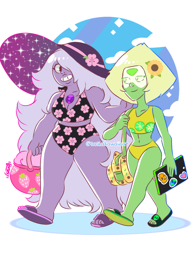 So I’m well aware that everyone else ships lapis and peridot but I’m still not a huge lapis fan so I ship Peridot more with Amethyst. So here’s my Amedot summertime fanart :) ❤❤