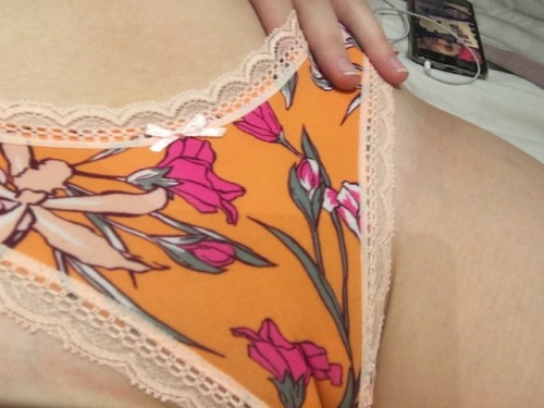 usedpantiesfromme - orange floral panties… want to watch me cum in...
