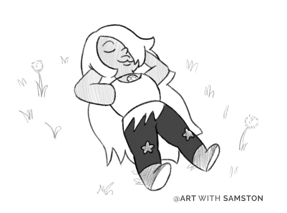 Day 3. Amethyst chillin’ on a grassy hill.I dont know if it makes more sense for her to put her hands all the way behind her hair but the image is funnier if she uses her hair as handwarmers.
