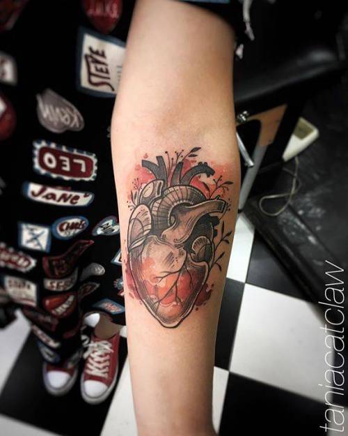 By Tania Catclaw, done at El Diablo Tattoo Club, Lisboa.... sketch work;anatomy;heart;love;facebook;twitter;inner forearm;medium size;anatomical heart;taniacatclaw