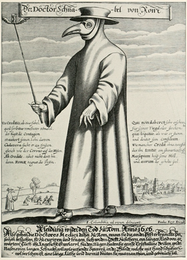 'Doctor Schnabel von Rom,' or 'Doctor Beak of Rome,' a mid-17th century caricature of a plague doctor, accompanied by a rather amusing rhyme written mainly in German with a few Latin words thrown in for good measure (I'll post the text and a translation in the comments to this entry).