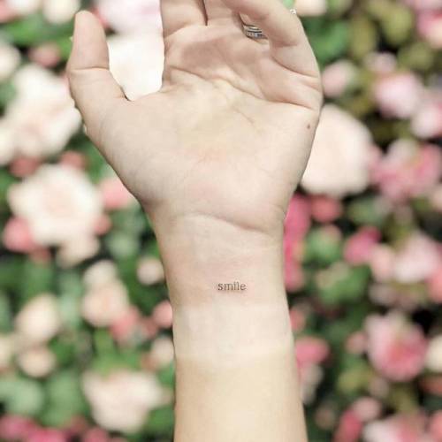 By Chang, done at West 4 Tattoo, Manhattan.... small;chang;micro;languages;tiny;ifttt;little;typewriter font;wrist;english;minimalist;font;english word;word;smile