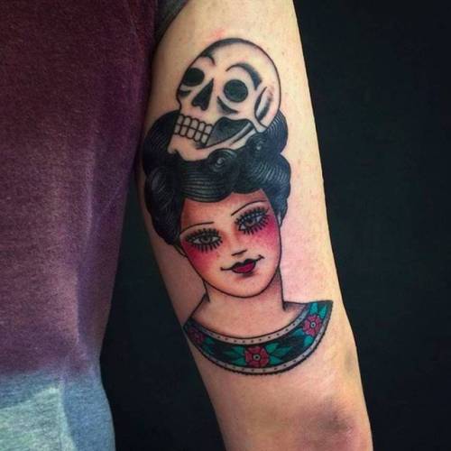 By Anem, done at MTL Tattoo Sud, Montreal.... skull;anatomy;anem;human skull;traditional;tricep;women;facebook;twitter;medium size;other