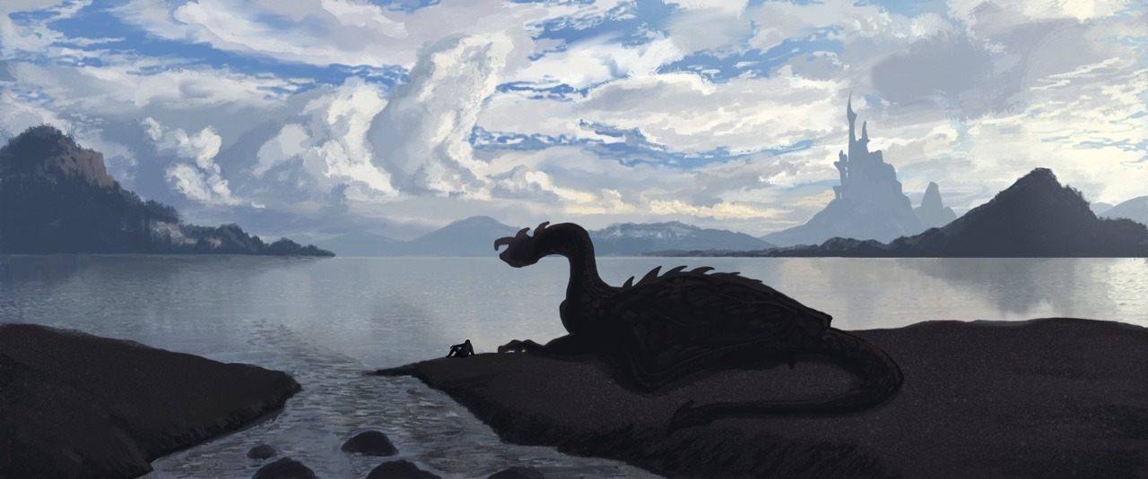 Image of a person and a dragon silhouetted in front of a mountain lake