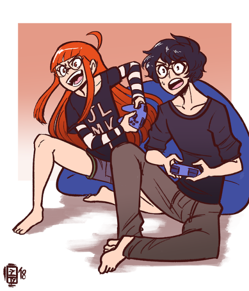 scruffyturtles:Futaba and Akira gaming together~