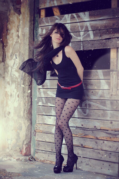 tightsobsession - Sheer patterned tights with black mini dress...