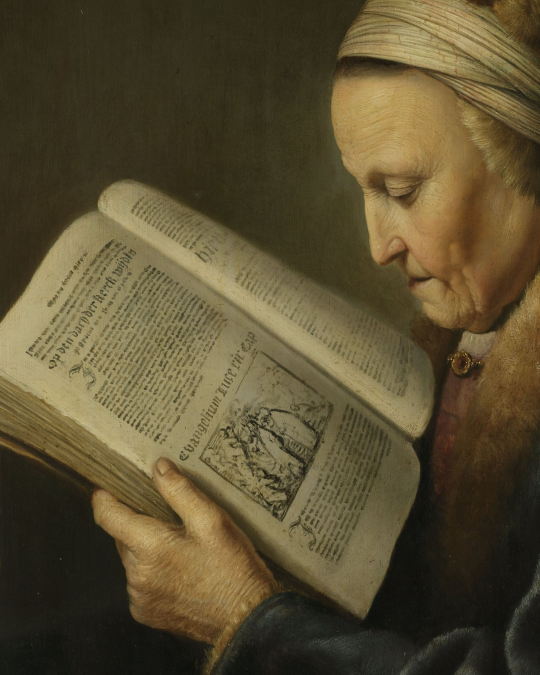 Detail: Gerard Dou's 'Old Woman Reading', c. 1631-32, oil on panel, 71 x 55.5 cm, Rijksmuseum, Amsterdam. / artofdarkness.co