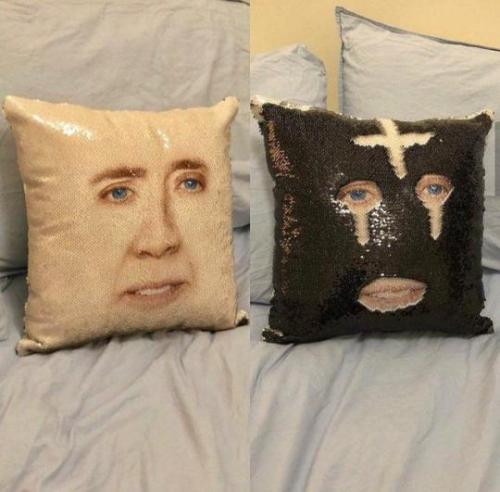 ofcoursethatsathing:This Nicholas Cage sequin pillow from your...