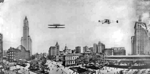 Panorama with Biplane Overhead and Old Post Office, Manhattan,...