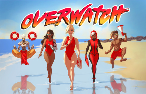 denimcatfish - Overwatch support roster doing the Baywatch run.