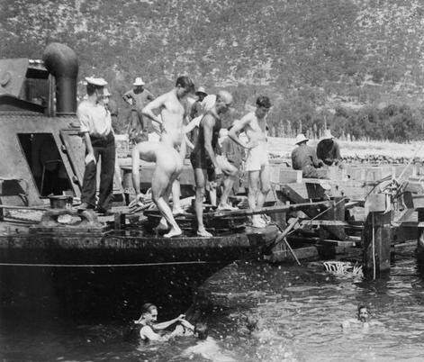 vintagemusclemen - British sailors bathing at Corfu, World War I.
