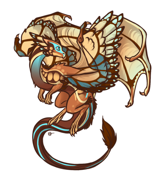 A fullbody drawing of a skydancer, twisted around in a sort of s shape; she is warm brown and peach coloured, with a blue stripe running from nose to tail and blue accents in her butterfly patterned wings.