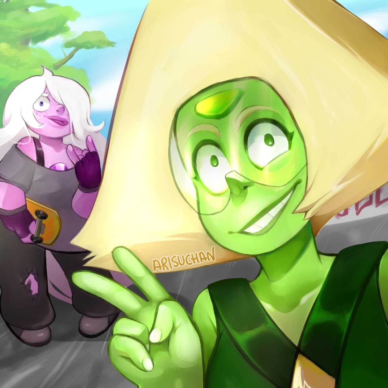 Amethyst took Peridot skateboarding. Peridot tried. She failed. But she took a lot of pics and it was a nice day. They had fun.